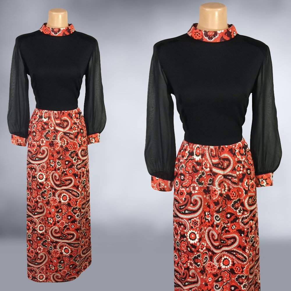 VINTAGE 70s Sheer Bishop Sleeve Paisley Print Maxi Dress size 12
